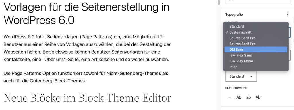 WordPress 6.1 Gutenberg Editor Anpassen der Schriftfamilie im Heading Block